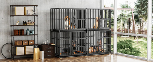 Oversized Stackable Dog Crate Heavy Duty Double Layer Dog Kennel Cage for Medium Large Dogs with Removable Tray Lockable Wheels