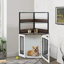 Wooden Corner Dog Crate Furniture Glass Shelves Kennel Pet Indoor CN17 White Brown Display Cabinet Safe Anti-Tip Straps Locks