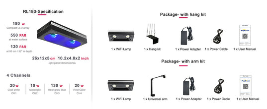 PopBloom RL90/RL180 WiFi Aquarium light, Full Spectrum Saltwater Aquarium Led Lamp for Reef Coral SPS/LPS Marine Aquarium Tank