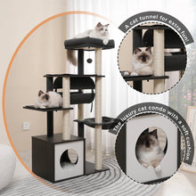 Modern Cat Tree for Indoor Cats Wooden Cat Tower with Sisal Covered Scratching Posts Cozy Condo Hammock Swing Tunnel Cat Toys