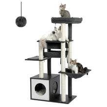 Modern Cat Tree for Indoor Cats Wooden Cat Tower with Sisal Covered Scratching Posts Cozy Condo Hammock Swing Tunnel Cat Toys