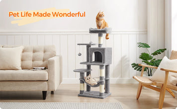Feandrea Cat Tree, 44.1-Inch Cat Tower for Indoor Cats, Multi-Level Cat Condo with 4 Scratching Posts, 2 Perches, Hammock,Cave