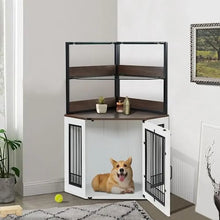 Wooden Corner Dog Crate Furniture Glass Shelves Kennel Pet Indoor CN17 White Brown Display Cabinet Safe Anti-Tip Straps Locks