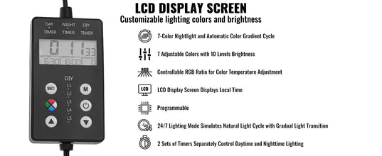 VEVOR Aquarium Light with LCD Monitor 14W Full Spectrum Fish Tank Light with 24/7 Natural Mode Adjustable Brightness 12