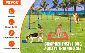 VEVOR Dog Agility Training Equipment 4 PCS Set with Adjustable High Hurdles 6 Weave PolesJump Ring Square Pause Box Whistle