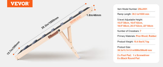 VEVOR Dog Ramp Folding Ladder Anti-slip High Adjustable Wooden Pet Ramp Removable for Small Old Dog Climbing Stairs Sofa Car Bed