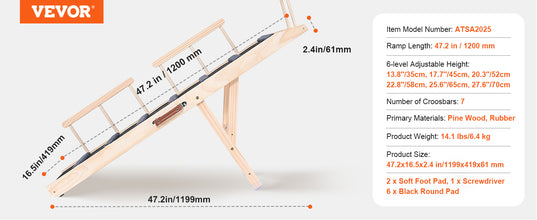 VEVOR Dog Ramp Folding Ladder Anti-slip High Adjustable Wooden Pet Ramp Removable for Small Old Dog Climbing Stairs Sofa Car Bed