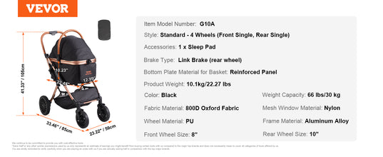 VEVOR 66 lbs Pet Stroller Foldable Dog Puppy Stroller with Brakes Storage Basket Detachable Carrier for Small to Medium Dogs