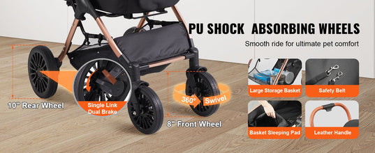 VEVOR 66 lbs Pet Stroller Foldable Dog Puppy Stroller with Brakes Storage Basket Detachable Carrier for Small to Medium Dogs