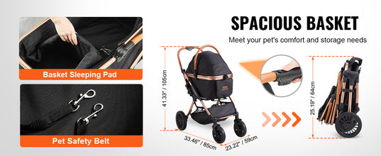 VEVOR 66 lbs Pet Stroller Foldable Dog Puppy Stroller with Brakes Storage Basket Detachable Carrier for Small to Medium Dogs